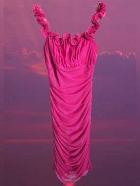 😍Y2K Hot Pink Mesh Ruched Ruffle Bodycon Mini Party Dress😍